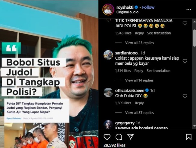 Tangkapan layar komentar penangkapan pemain judol di DIY. (Instagram @royshakti)